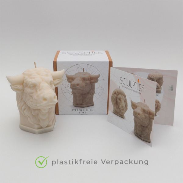 Sternzeichenkerze Stier mit Verpackung, Produktverpackung, Skulpturkerze Produktverpackung, Produktverpackung Sculpties, schöne Kerzen mit Verpackung