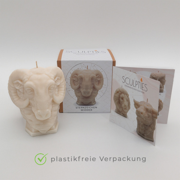 Sternzeichenkerze Widder mit Verpackung, Produktverpackung, Skulpturkerze Produktverpackung, Produktverpackung Sculpties, schöne Kerzen mit Verpackung, Sculpties Verpackung